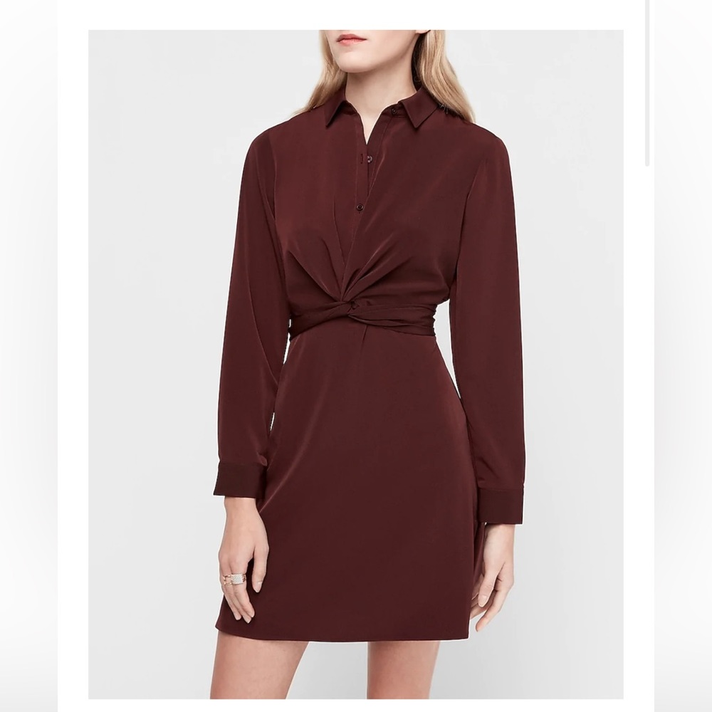 EXPRESS TWIST FRONT SHIRT DRESS IN
CABERNET